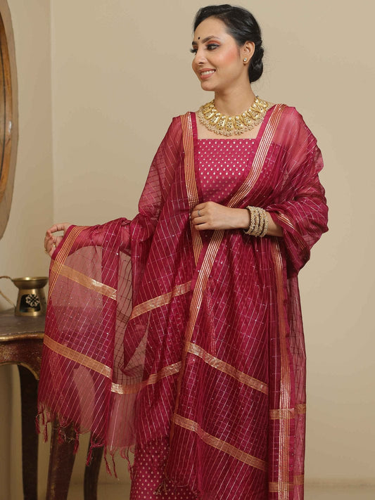 Burgundy Banarasi Mercerised Lorex Weave Suit with Organza Silk Check Sequins Embroidery Dupatta 1000SKL_OGL2