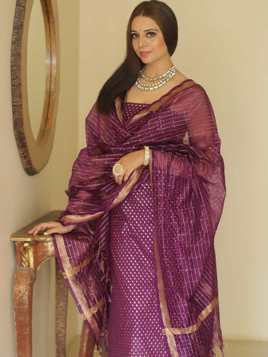 Purple Banarasi Mercerised Lorex Weave Suit with Organza Silk Check Sequins Embroidery Dupatta 1000SKL_OGL3