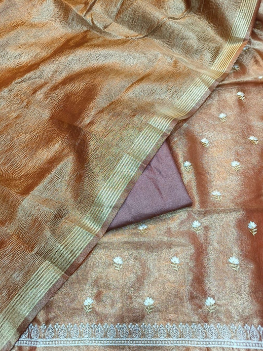 Orange Tissue Silk Embroidery Zari Booti With Tissue Crush Dupatta Banarasi 3 Pcs Suit Set 1000SKL_TE1
