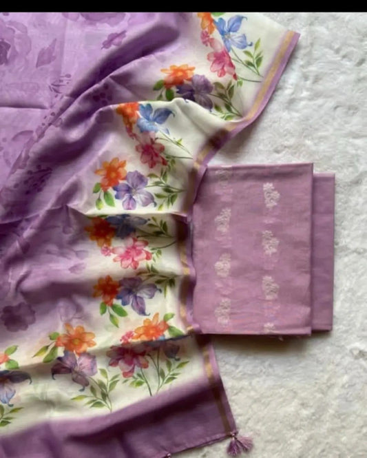 Light Purple Pure Mercerised Resham Booti Chanderi Silk Digital Print Dupatta Banarasi Suit Set 1000SKL_PME16