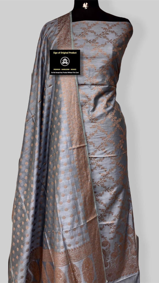 Grey Mulberry Chiniya Silk Resham Jaal Banarasi Suit Set 1000SKL_MEL1