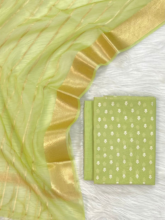Pista Green Chanderi Zari Booti with Stripe Dupatta Banarasi Suit Set 1000SKL_CH1