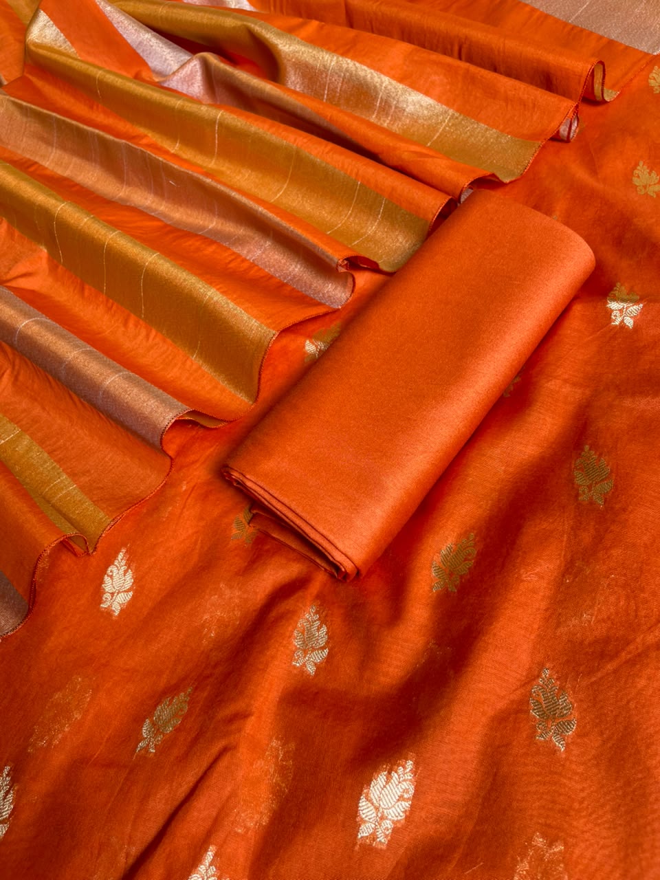 Orange Mul Chanderi Zari Booti Banarasi Suit with Organza Sona Rupa Patti Dupatta 100JJ_MLC11