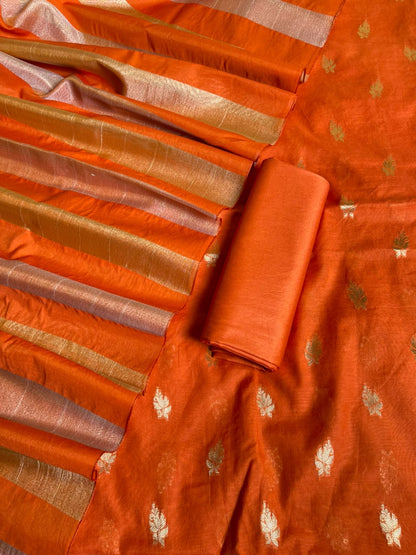 Orange Mul Chanderi Zari Booti Banarasi Suit with Organza Sona Rupa Patti Dupatta 100JJ_MLC11