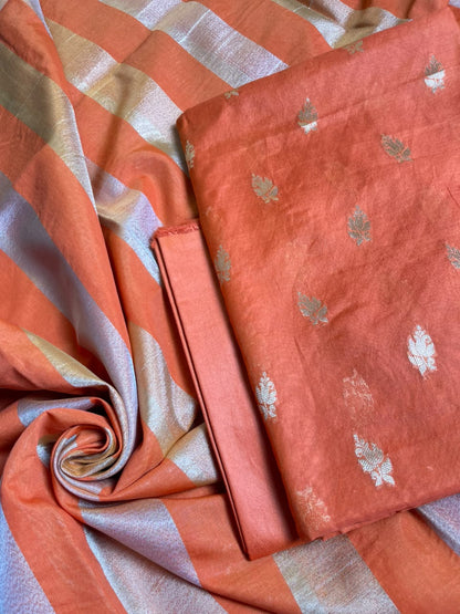Orange Mul Chanderi Zari Booti Banarasi Suit with Organza Sona Rupa Patti Dupatta 100JJ_MLC11