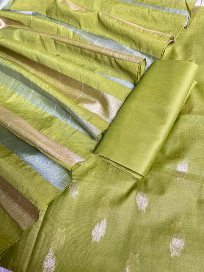Green Mul Chanderi Zari Booti Banarasi Suit with Organza Sona Rupa Patti Dupatta 100JJ_MLC13