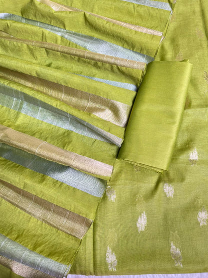 Green Mul Chanderi Zari Booti Banarasi Suit with Organza Sona Rupa Patti Dupatta 100JJ_MLC13