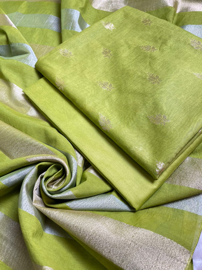 Green Mul Chanderi Zari Booti Banarasi Suit with Organza Sona Rupa Patti Dupatta 100JJ_MLC13