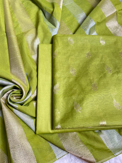 Green Mul Chanderi Zari Booti Banarasi Suit with Organza Sona Rupa Patti Dupatta 100JJ_MLC13