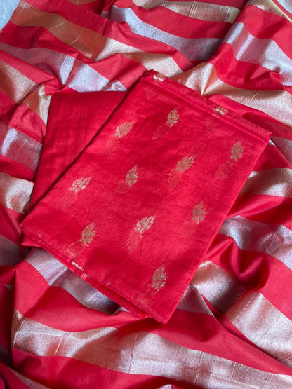 Light Red Mul Chanderi Zari Booti Banarasi Suit with Organza Sona Rupa Patti Dupatta 100JJ_MLC14