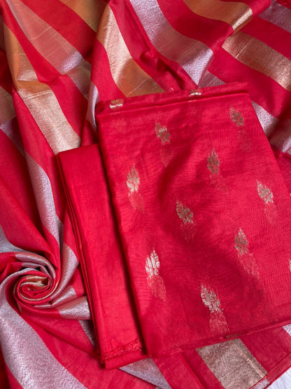 Light Red Mul Chanderi Zari Booti Banarasi Suit with Organza Sona Rupa Patti Dupatta 100JJ_MLC14