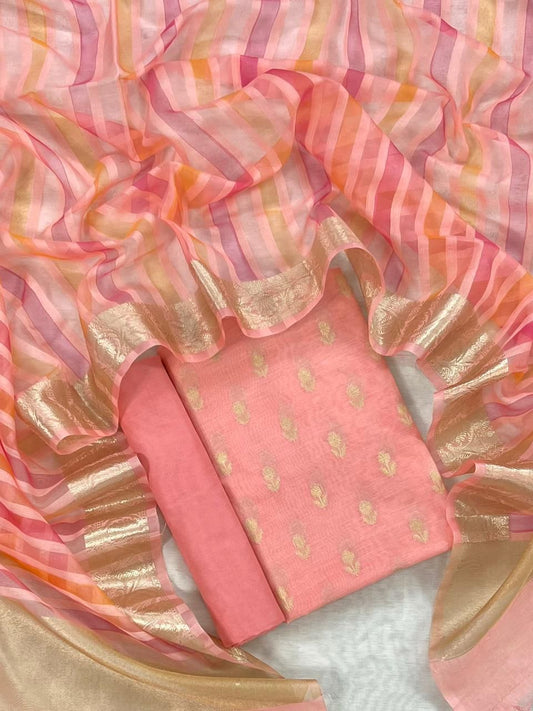 Peach Chanderi Floral Zari Booti With Handbrush Stripe Dupatta Banarasi 3Pcs Suit Set 1050SKL_CS1