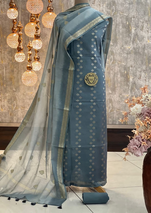 Grey Cotton Silk Banarasi Suit with Silver Zari Booti & Elegant Tassel Dupatta 1050SKL_CSP10