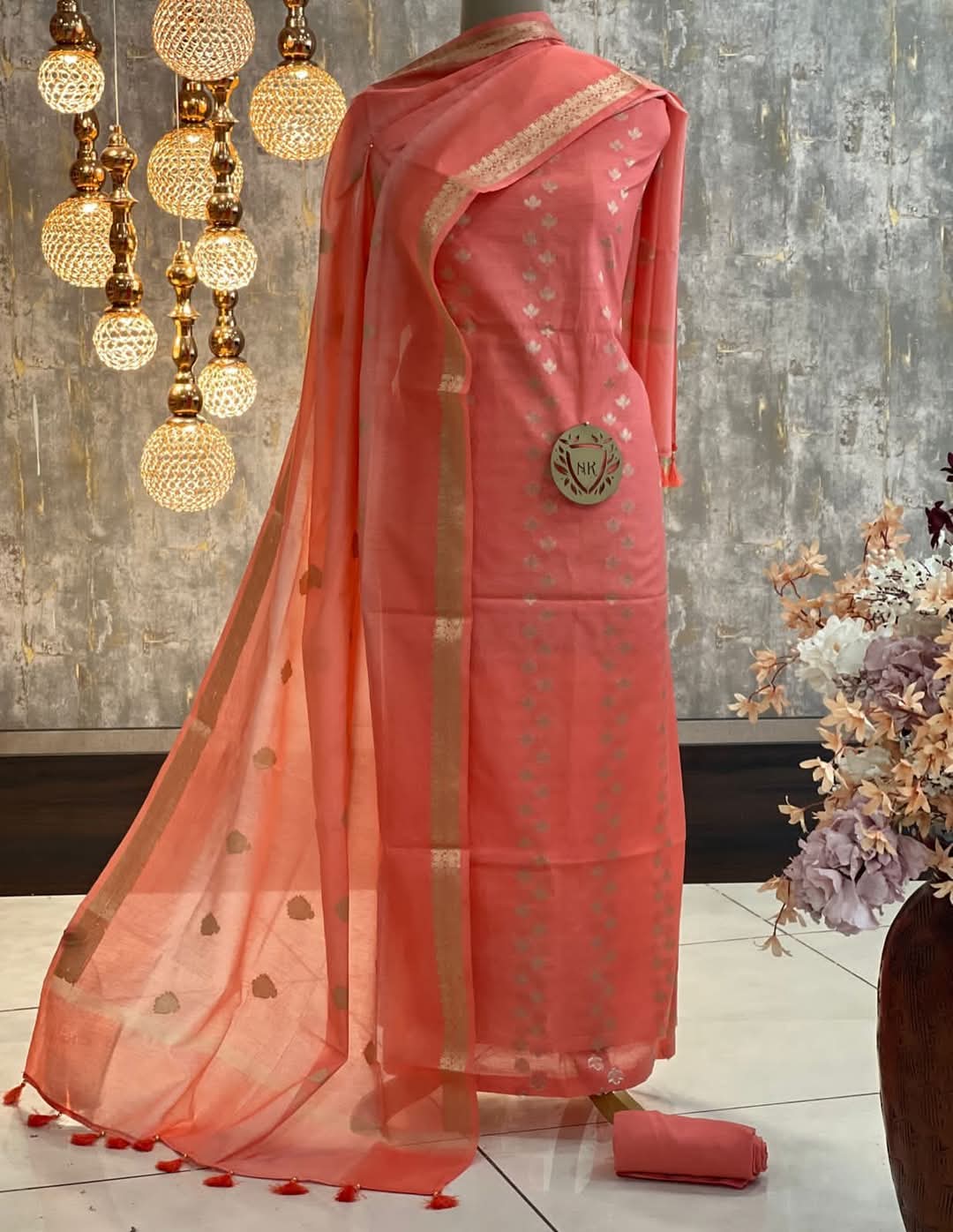 Peach Cotton Silk Banarasi Suit with Silver Zari Booti & Elegant Tassel Dupatta 1050SKL_CSP1