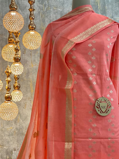 Peach Cotton Silk Banarasi Suit with Silver Zari Booti & Elegant Tassel Dupatta 1050SKL_CSP1