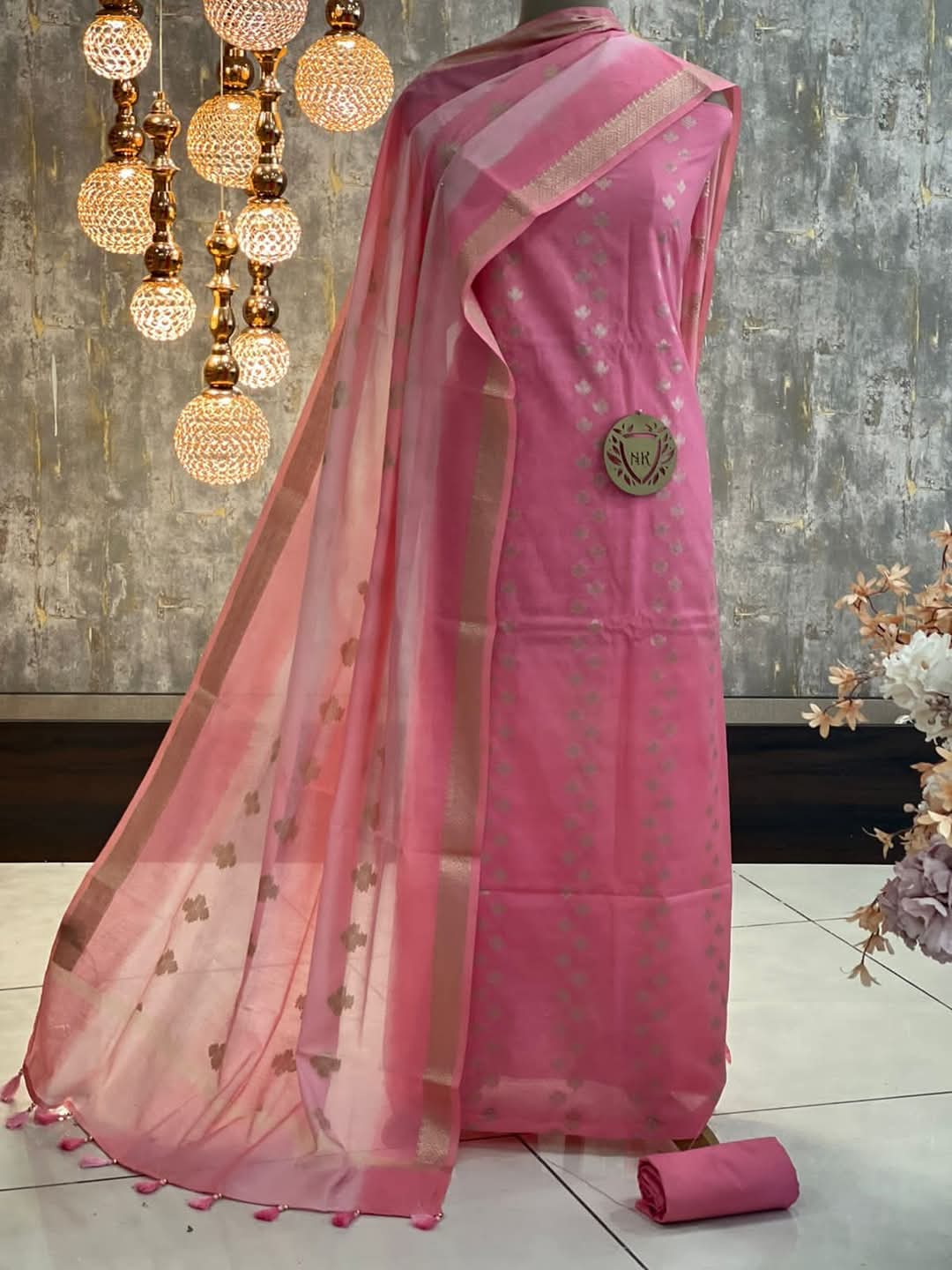 Pink Cotton Silk Banarasi Suit with Silver Zari Booti & Elegant Tassel Dupatta 1050SKL_CSP2