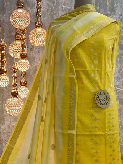 Yellow Cotton Silk Banarasi Suit with Silver Zari Booti & Elegant Tassel Dupatta 1050SKL_CSP3