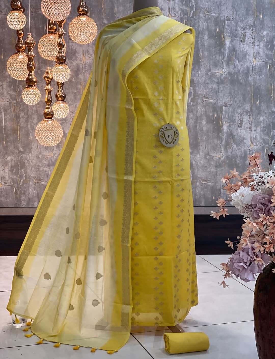 Yellow Cotton Silk Banarasi Suit with Silver Zari Booti & Elegant Tassel Dupatta 1050SKL_CSP3