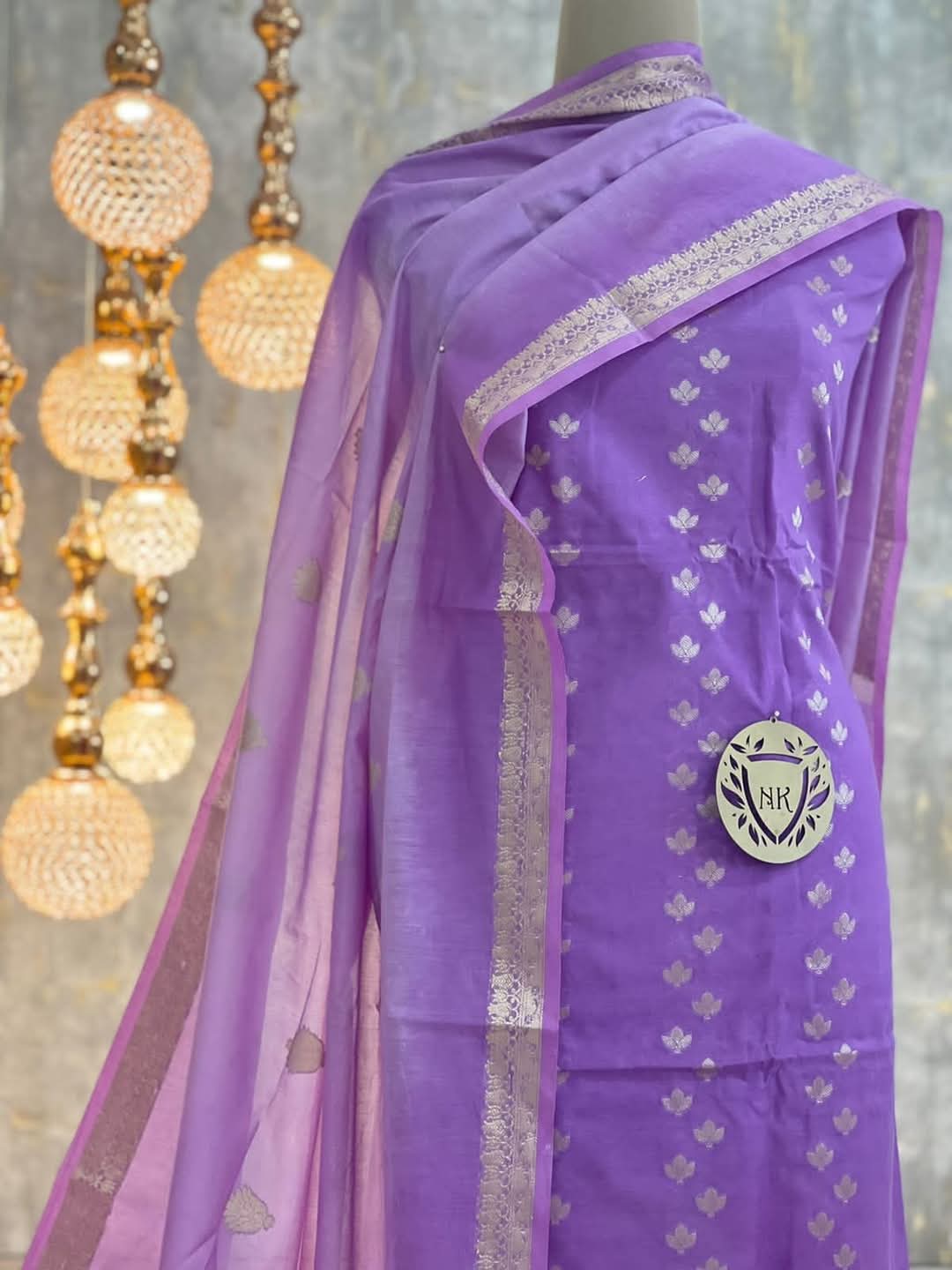 Lavander Cotton Silk Banarasi Suit with Silver Zari Booti & Elegant Tassel Dupatta 1050SKL_CSP4