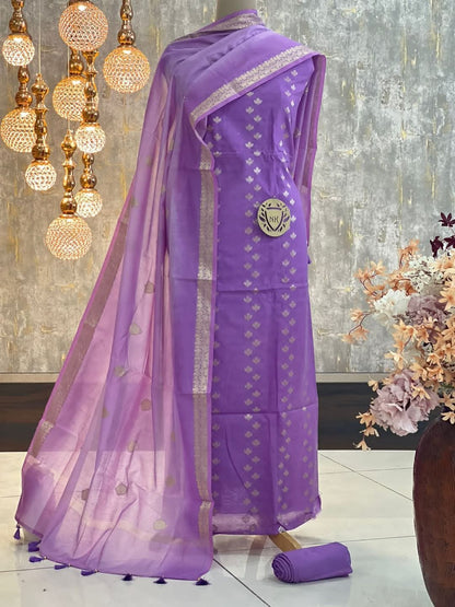 Lavander Cotton Silk Banarasi Suit with Silver Zari Booti & Elegant Tassel Dupatta 1050SKL_CSP4