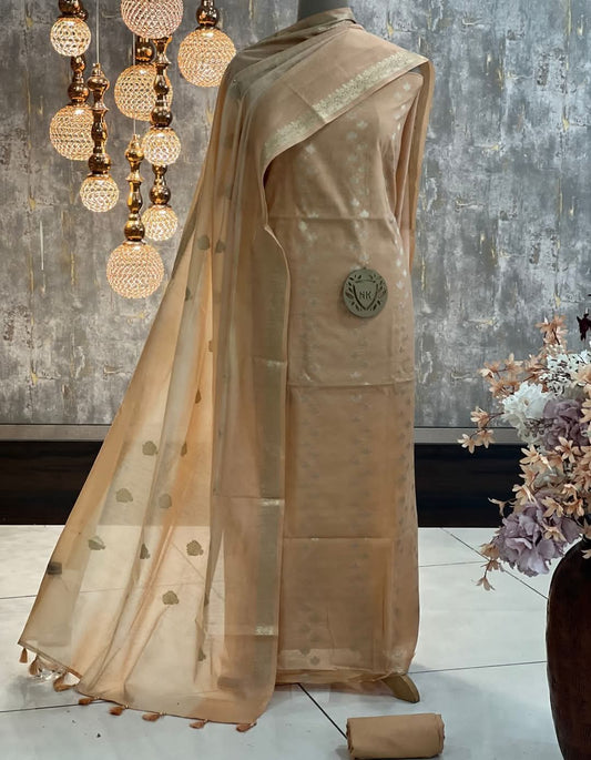 Tussar Cotton Silk Banarasi Suit with Silver Zari Booti & Elegant Tassel Dupatta 1050SKL_CSP5