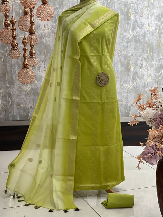 Green Cotton Silk Banarasi Suit with Silver Zari Booti & Elegant Tassel Dupatta 1050SKL_CSP6