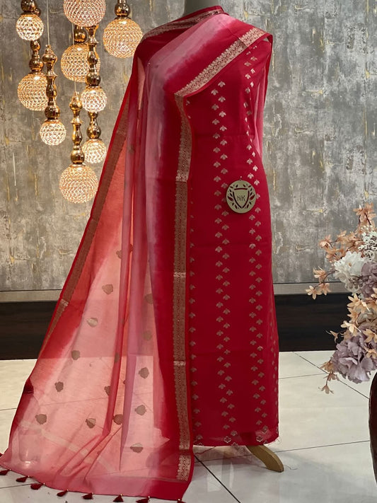 Dark Pink Cotton Silk Banarasi Suit with Silver Zari Booti & Elegant Tassel Dupatta 1050SKL_CSP7