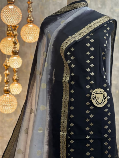 Black Cotton Silk Banarasi Suit with Silver Zari Booti & Elegant Tassel Dupatta 1050SKL_CSP8