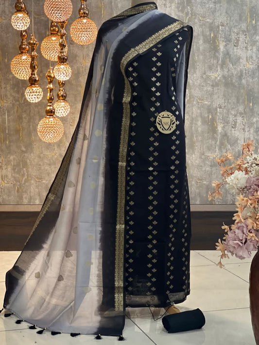 Black Cotton Silk Banarasi Suit with Silver Zari Booti & Elegant Tassel Dupatta 1050SKL_CSP8