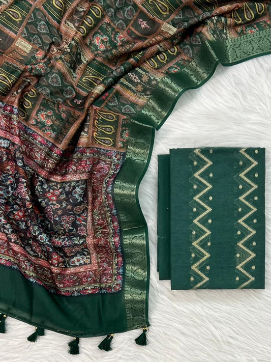 Emerald Green Mercerised Zari Zig-Zag Chanderi Silk Banarasi Suit with Digital Print Zari Border 10SKL_MC5