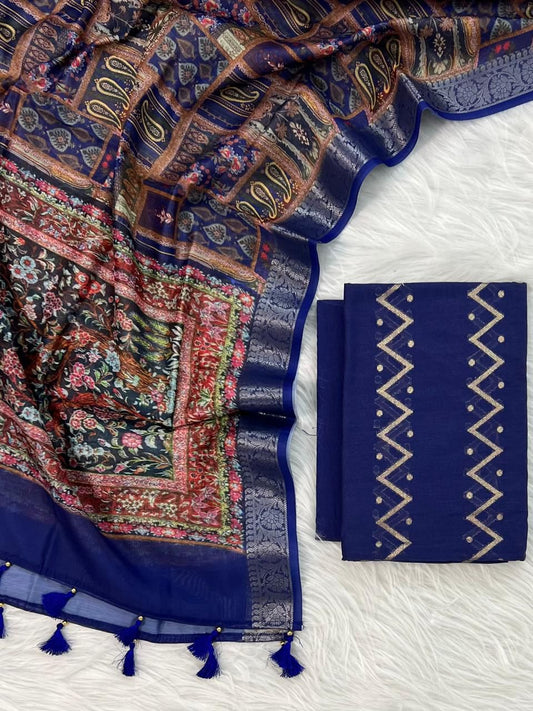 Navy Blue Mercerised Zari Zig-Zag Chanderi Silk Banarasi Suit with Digital Print Zari Border 10SKL_MC6