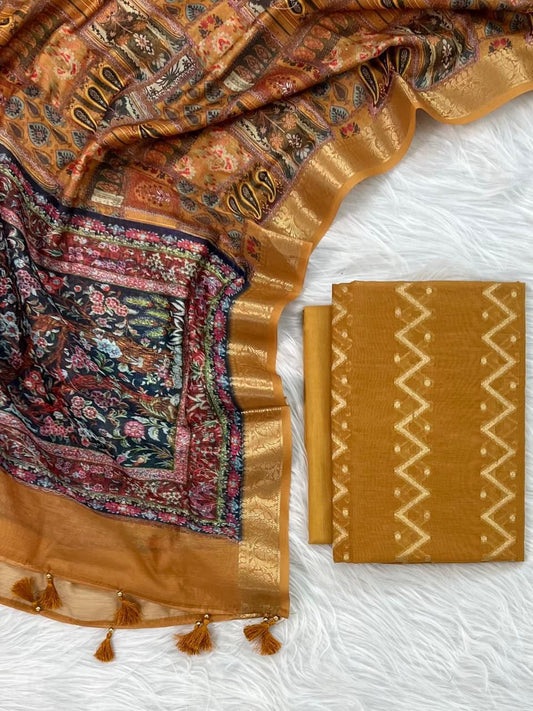 Mustard Gold Mercerised Zari Zig-Zag Chanderi Silk Banarasi Suit with Digital Print Zari Border 10SKL_MC7