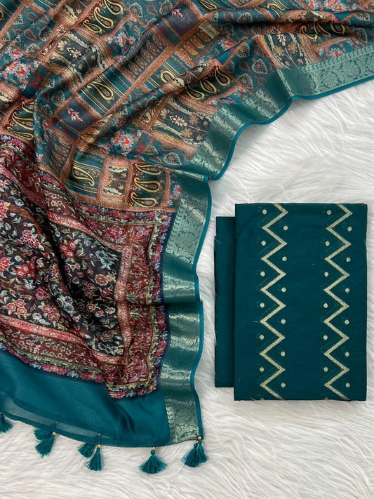 Seagreen Mercerised Zari Zig-Zag Chanderi Silk Banarasi Suit with Digital Print Zari Border 10SKL_MC8