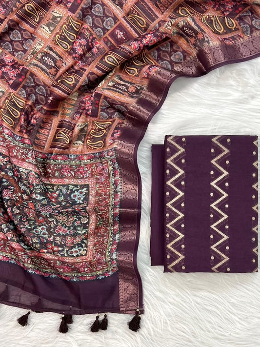 Royal Purple Mercerised Zari Zig-Zag Chanderi Silk Banarasi Suit with Digital Print Zari Border 10SKL_MC9