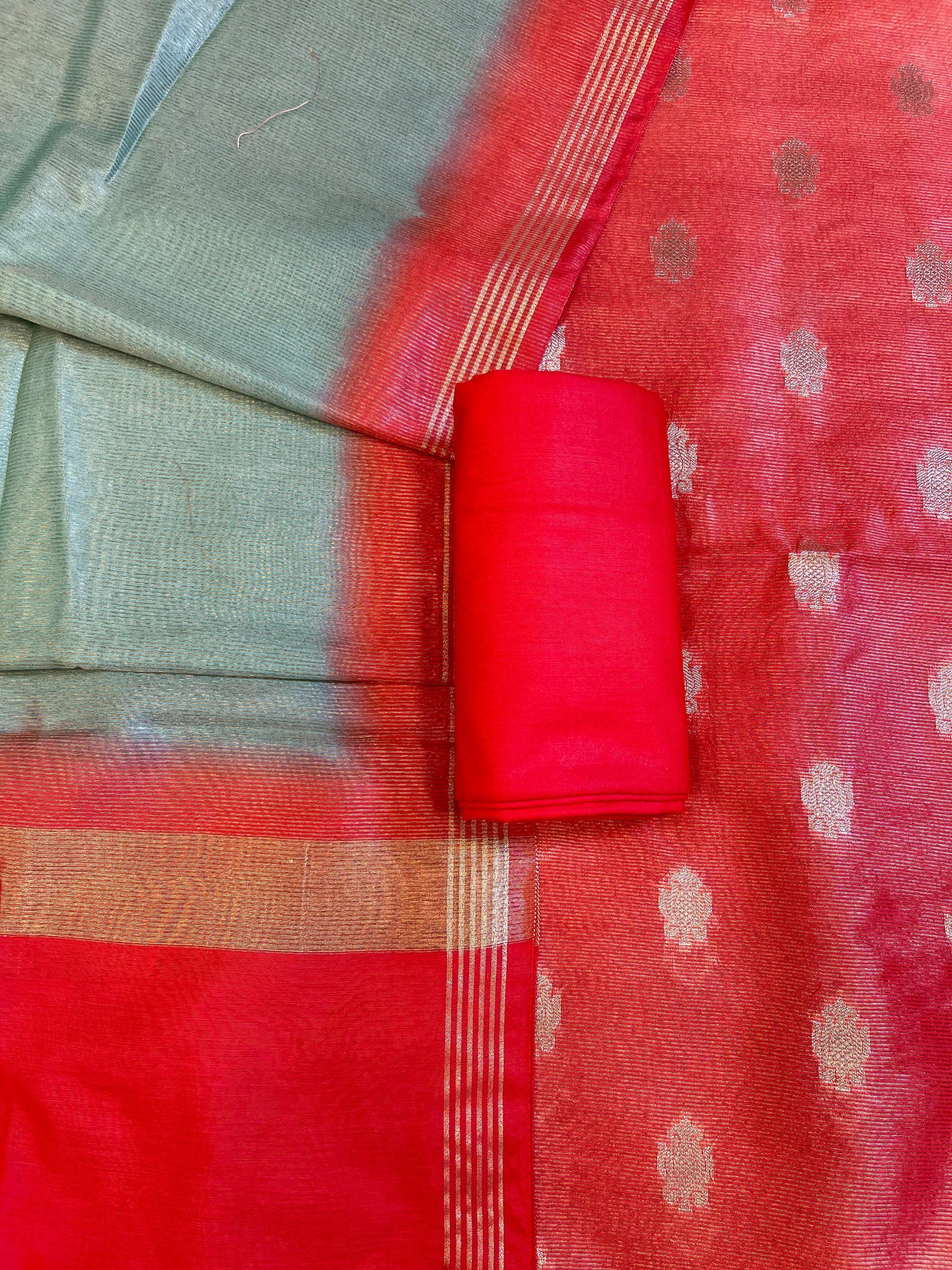 Red Tissue Silk Zari Booti with Contrast Grey Dupatta Banarasi Suit 10SKL_TSUS2