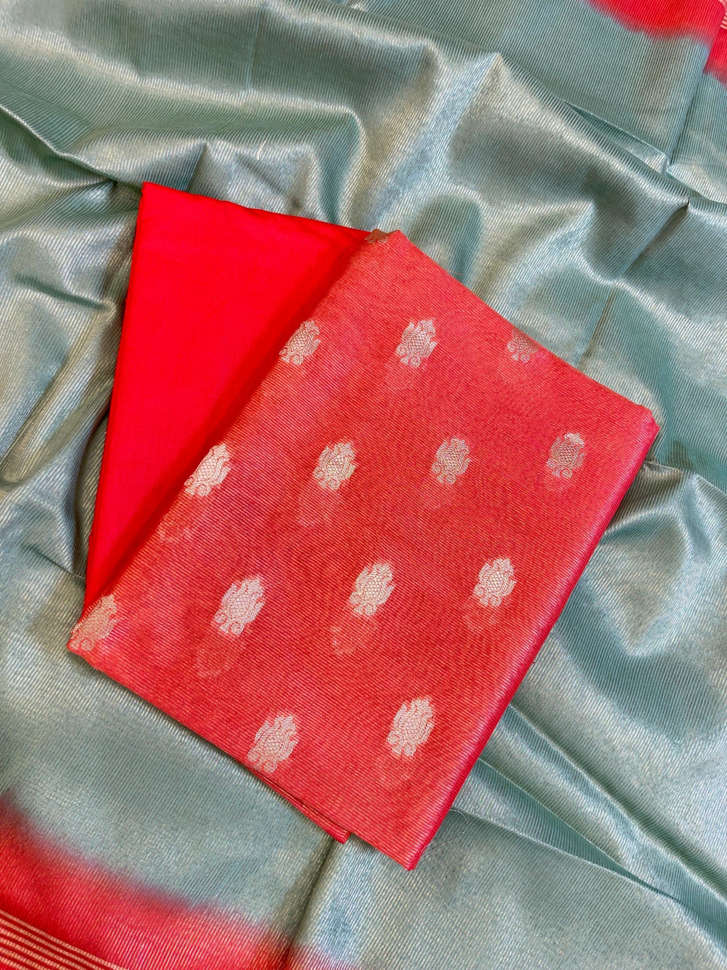 Red Tissue Silk Zari Booti with Contrast Grey Dupatta Banarasi Suit 10SKL_TSUS2
