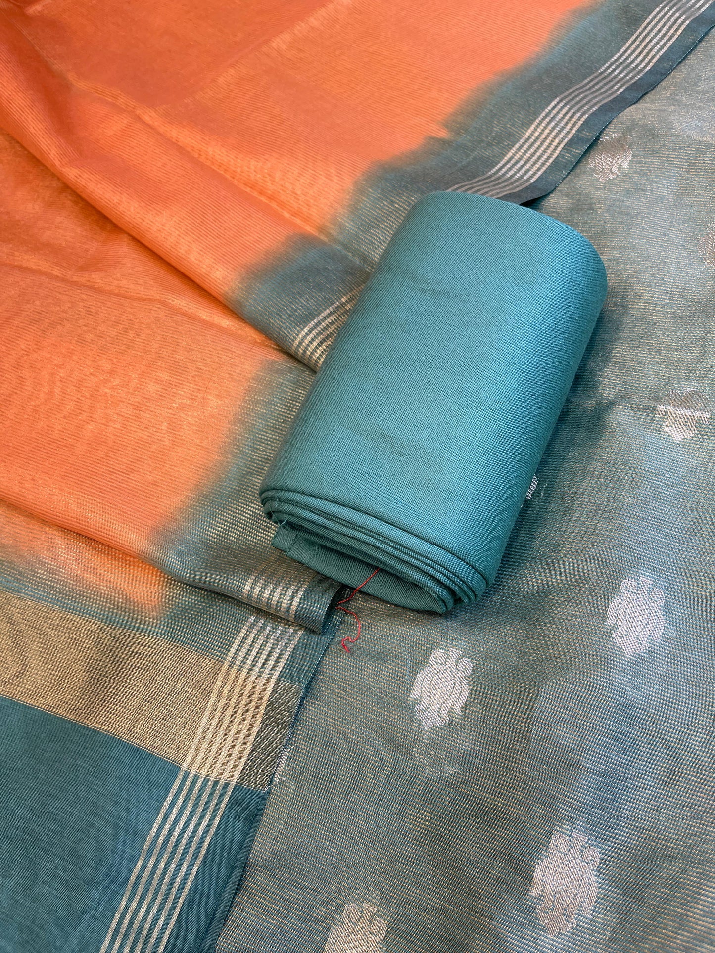Seagreen Tissue Silk Zari Booti with Contrast Orange Dupatta Banarasi Suit 10SKL_TSUS4
