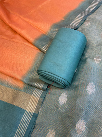 Seagreen Tissue Silk Zari Booti with Contrast Orange Dupatta Banarasi Suit 10SKL_TSUS4