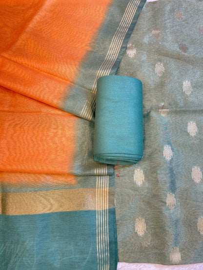Seagreen Tissue Silk Zari Booti with Contrast Orange Dupatta Banarasi Suit 10SKL_TSUS4