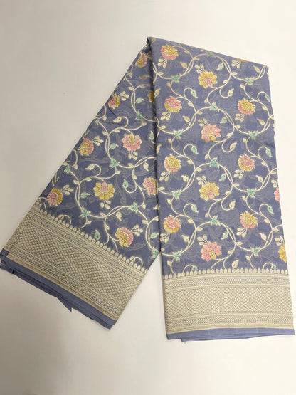 Faishana Pure Silk Handloom Exquisite Grey Khaddi Georgette Hand Brush Floral Zari Kadhwa Jaal with Banarasi Zari Border with Grey Blouse