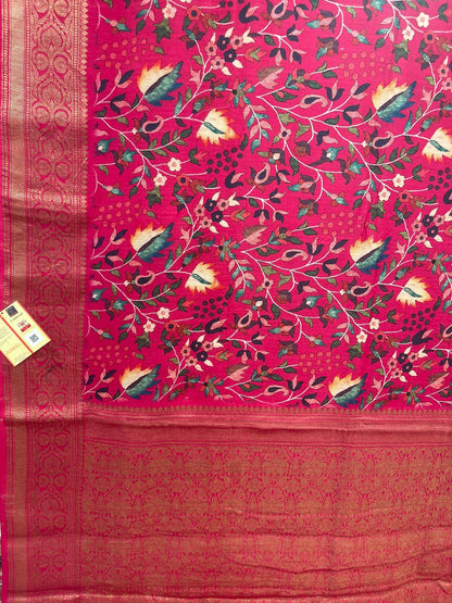 Faishana Pure Silk Handloom Pink Katan Georgette Digital Printed Zari Floral Jaal Kadhwa Banarasi Border with Pink Blouse.