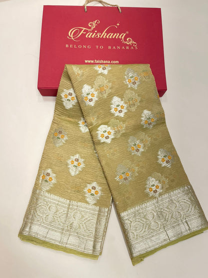 Faishana Elegance: Faishana's Pure Silk Handloom Olive Crush Tissue Zari Minakari Booti with Zari Border and matching Olive Blouse Piece