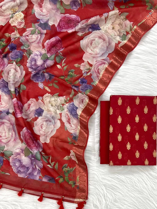 Red Cotton Silk Zari Booti With Digital Print Dupatta Banarasi 3 Pcs Suit Set 1100SKL_CD1