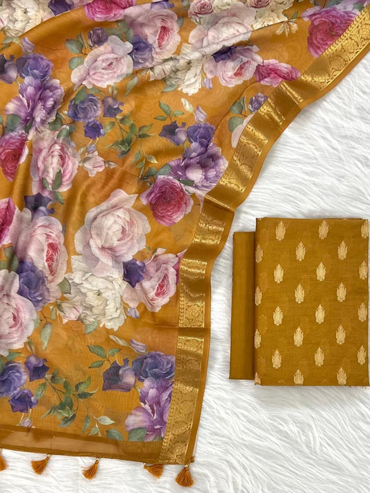 Mustard Cotton Silk Zari Booti With Digital Print Dupatta Banarasi 3 Pcs Suit Set 1100SKL_CD3