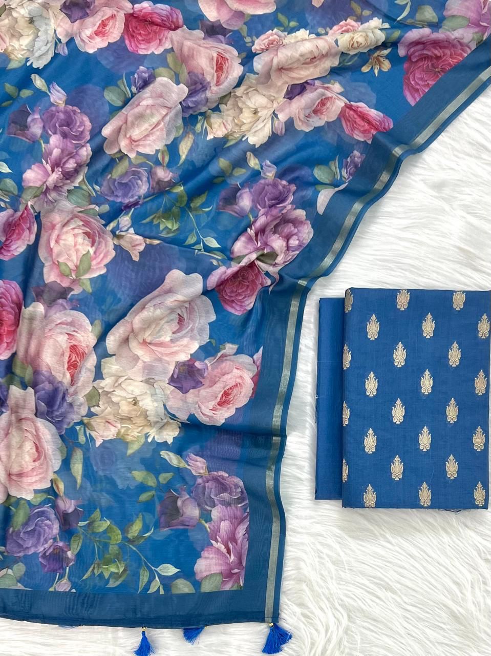 Blue Cotton Silk Zari Booti With Digital Print Dupatta Banarasi 3 Pcs Suit Set 1100SKL_CD4