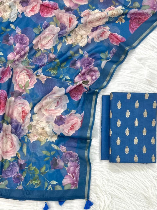 Blue Cotton Silk Zari Booti With Digital Print Dupatta Banarasi 3 Pcs Suit Set 1100SKL_CD4