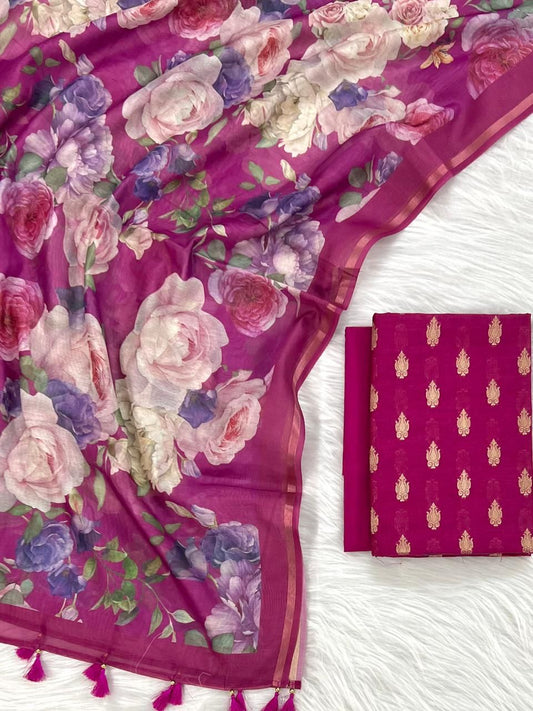Magenta Cotton Silk Zari Booti With Digital Print Dupatta Banarasi 3 Pcs Suit Set 1100SKL_CD5