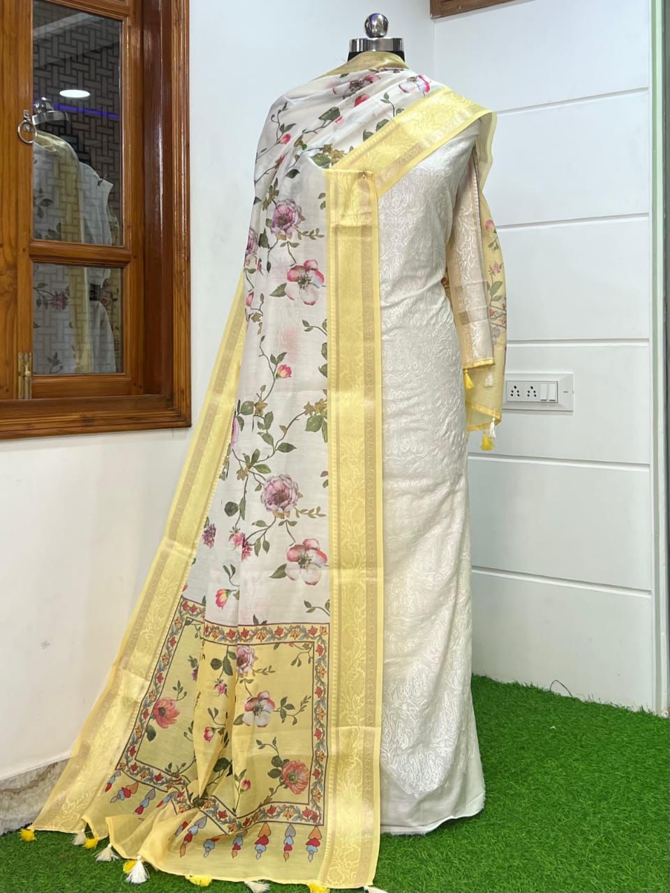 Cotton Dyable Embroidery Suit With Contrast Digital Print Yellow Dupatta Banarasi Suit Set 1100SKL_CD7