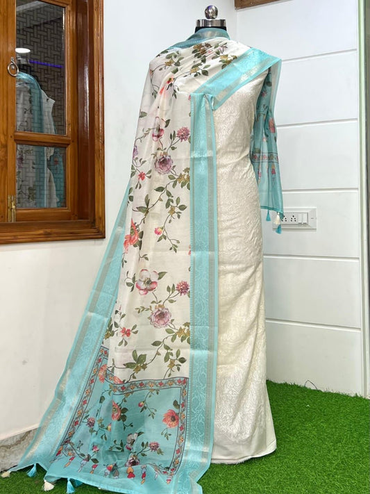 Cotton Dyable Embroidery Suit With Contrast Digital Print Light Blue Dupatta Banarasi Suit Set 1100SKL_CD8