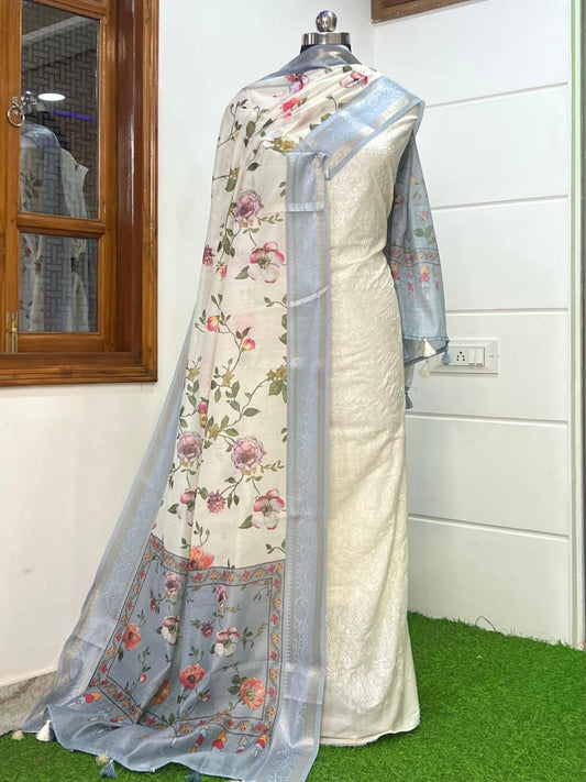 Cotton Dyable Embroidery Suit With Contrast Digital Print Grey Dupatta Banarasi Suit Set 1100SKL_CD9